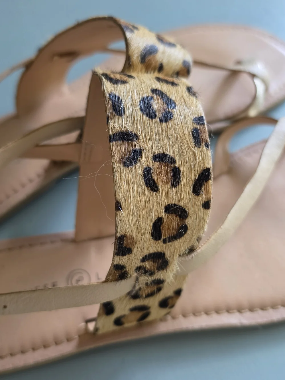 Chinese Laundry Leopard Haircalf T-Strap Sandals in Tan and Black Spots